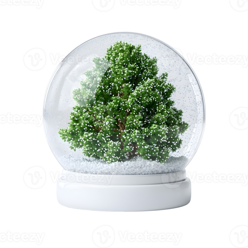 A snow globe featuring a miniature evergreen tree inside a glass dome with faux snow png