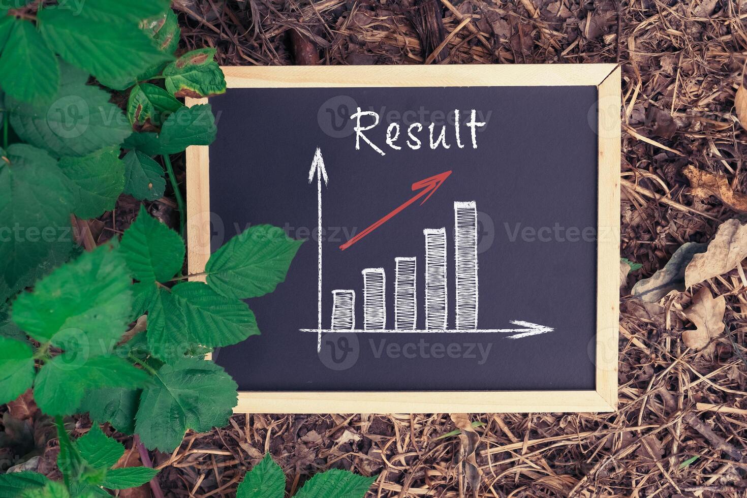 Chalkboard with a red arrow pointing to the word result written on it photo
