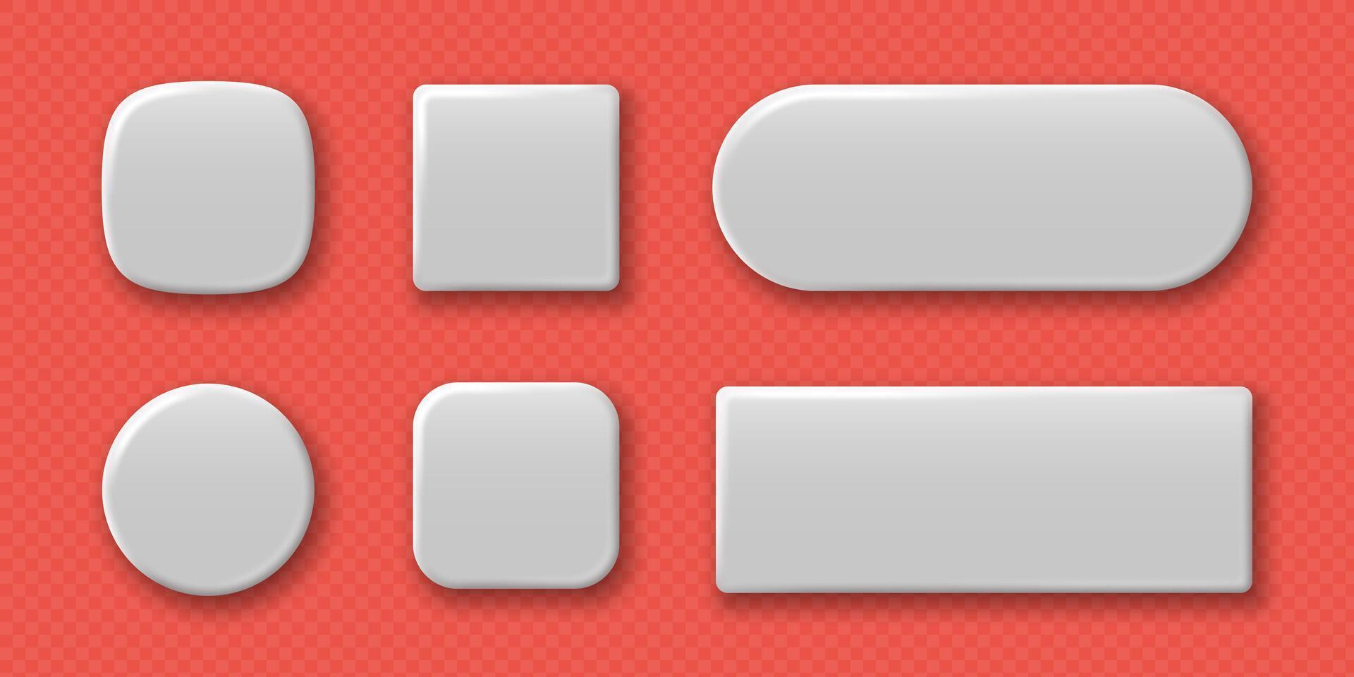 Set of white blank geometric buttons of square round and rectangular shapes with shadows. vector