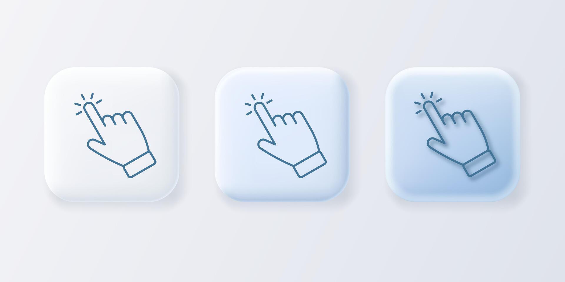Set of square click here buttons with a pointing outline hand cursor. vector