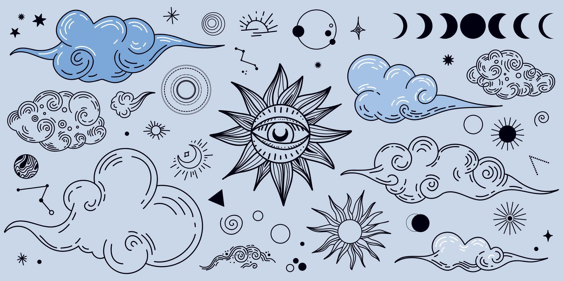 Set of magic and clouds, an image of a magical blue, starry sky with a crescent moon. vector