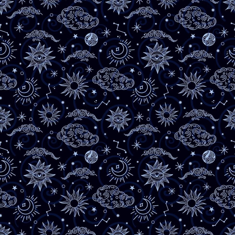 Seamless image of a magical, starry sky with a crescent moon. Packaging and fabric design. vector