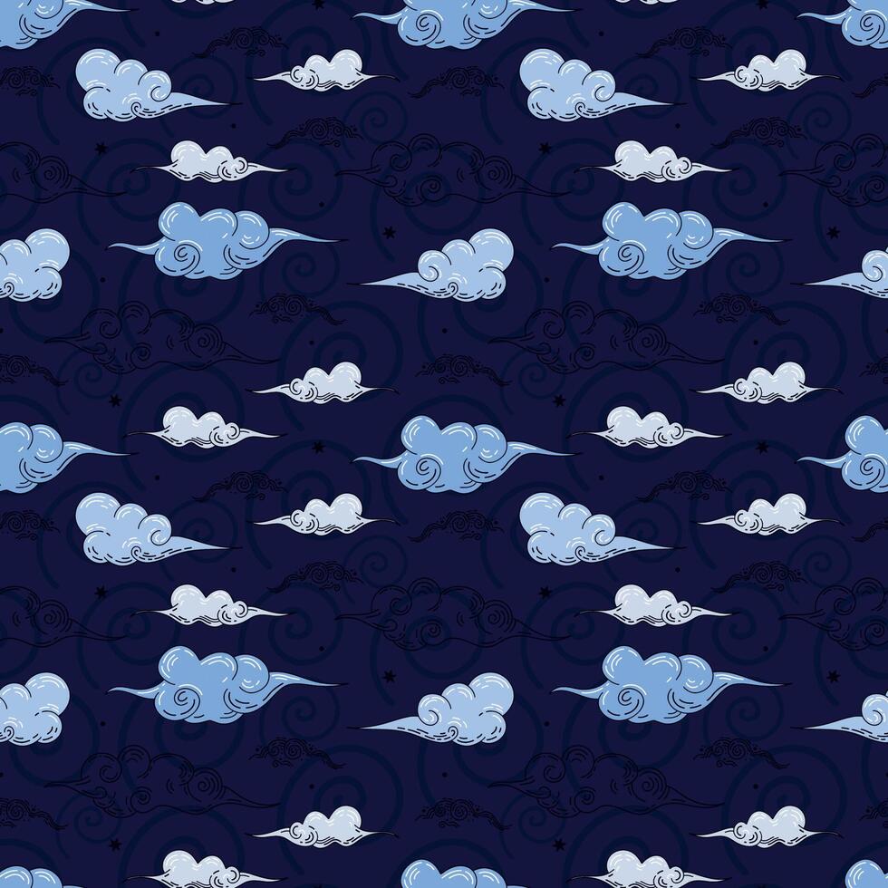 Seamless, dark blue pattern of cute, blue clouds for packaging design. Happy childhood dreams. vector
