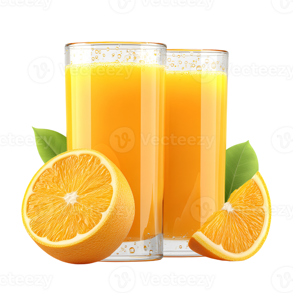 Two glasses of fresh orange juice with orange slices and leaves png