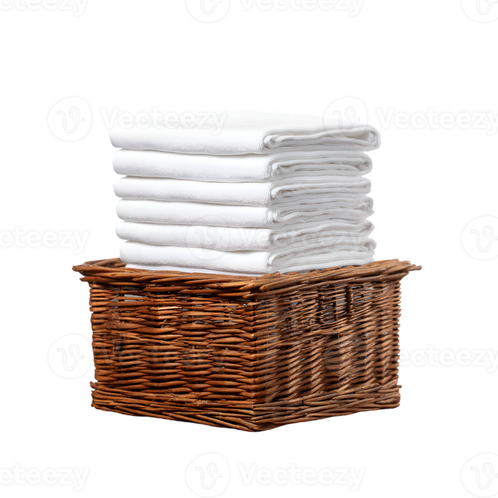 Stack of white towels in a brown wicker basket png