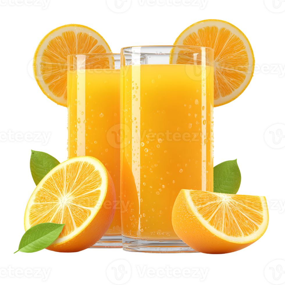 Refreshing orange juice in glasses with orange slices and leaves png