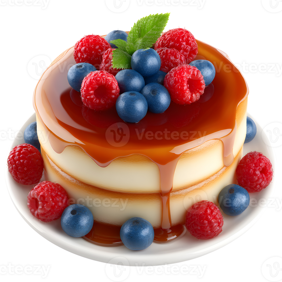 Delicious double layer dessert topped with blueberries raspberries and caramel sauce png
