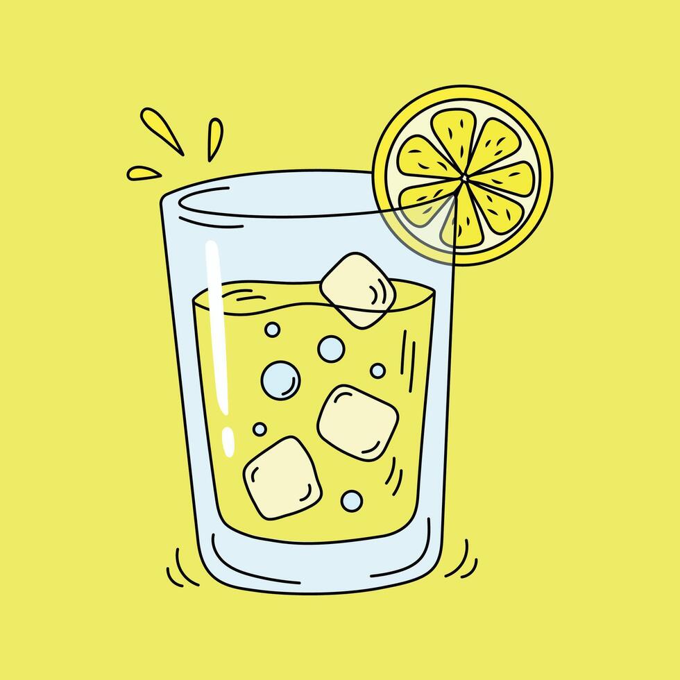 Lemonade. Glass of fresh juice with slice of a lemon isolated on a yellow background. Refreshing summer drink with lemon, ice cubes, and bubbles. Hand-drawn beverage illustration in flat style vector