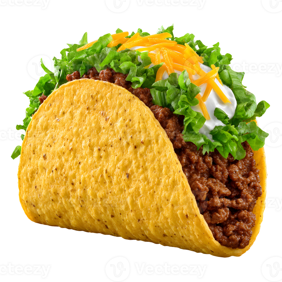 A crunchy taco shell filled with seasoned beef lettuce cheese and sour cream png