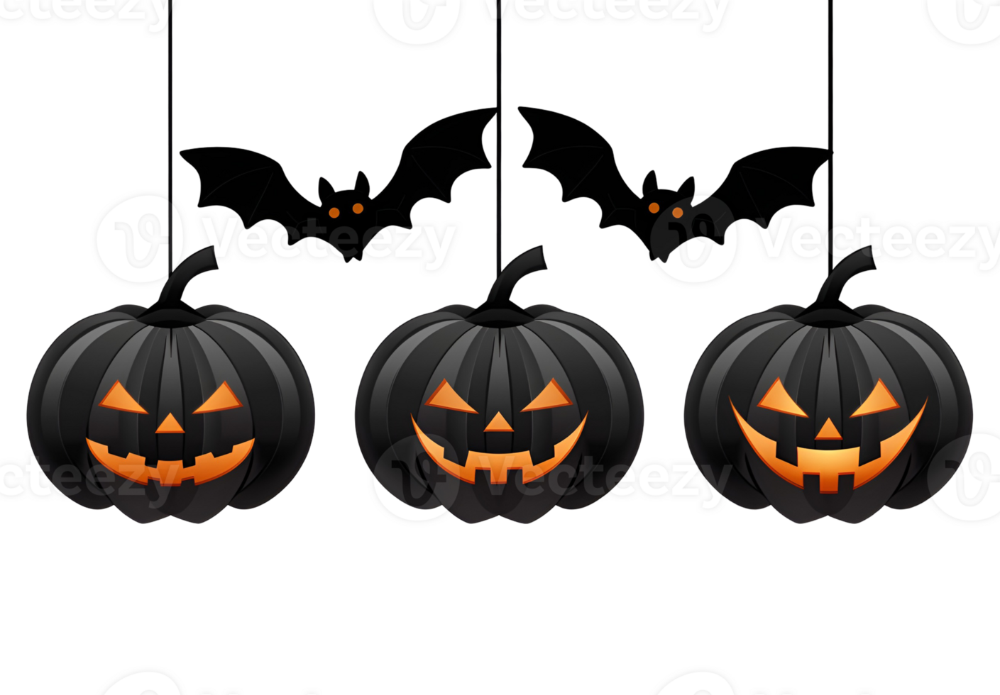 Three black jack o lanterns hanging with bats Halloween decoration png