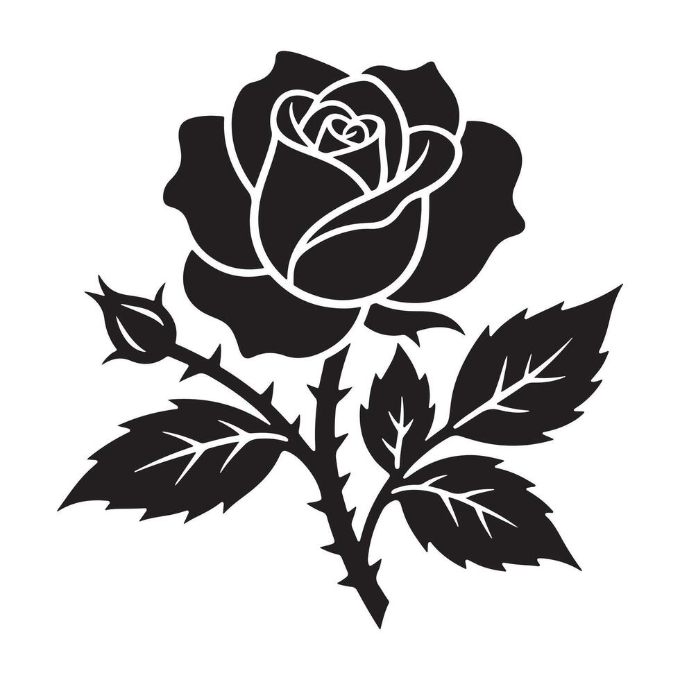 A natural rose illustration icon style on white background with single blossom and black vector