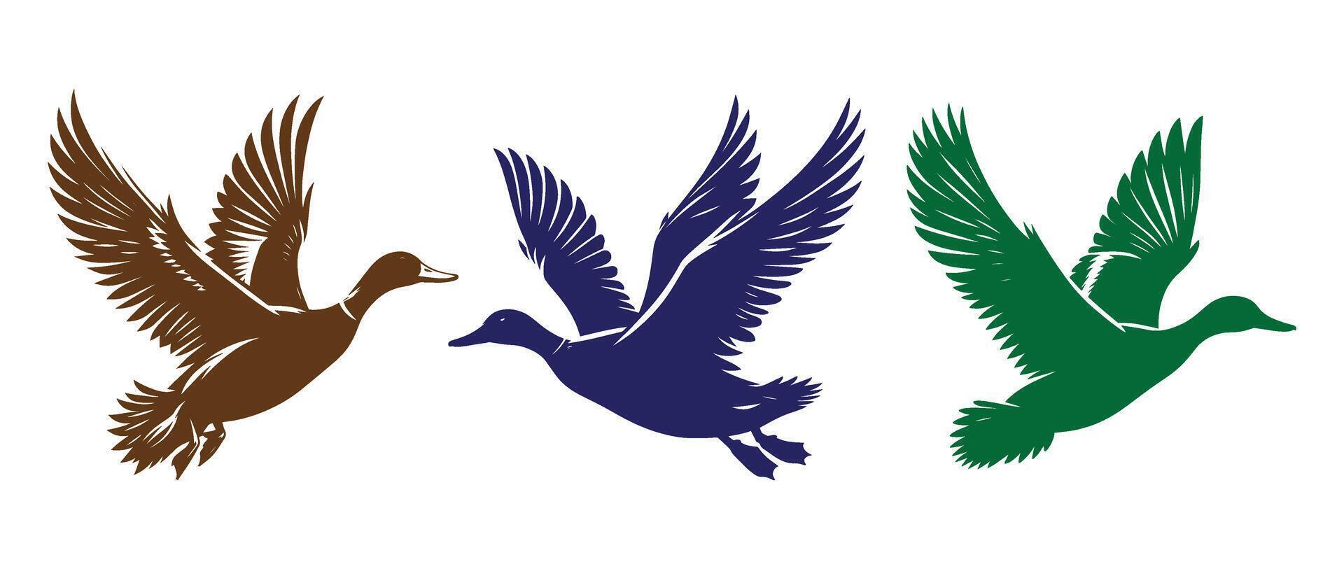 Flying Duck Silhouettes with Outstretched Wings for Wildlife, Nature, Bird Watching, Migration, and Outdoor Hunting Design Concepts vector