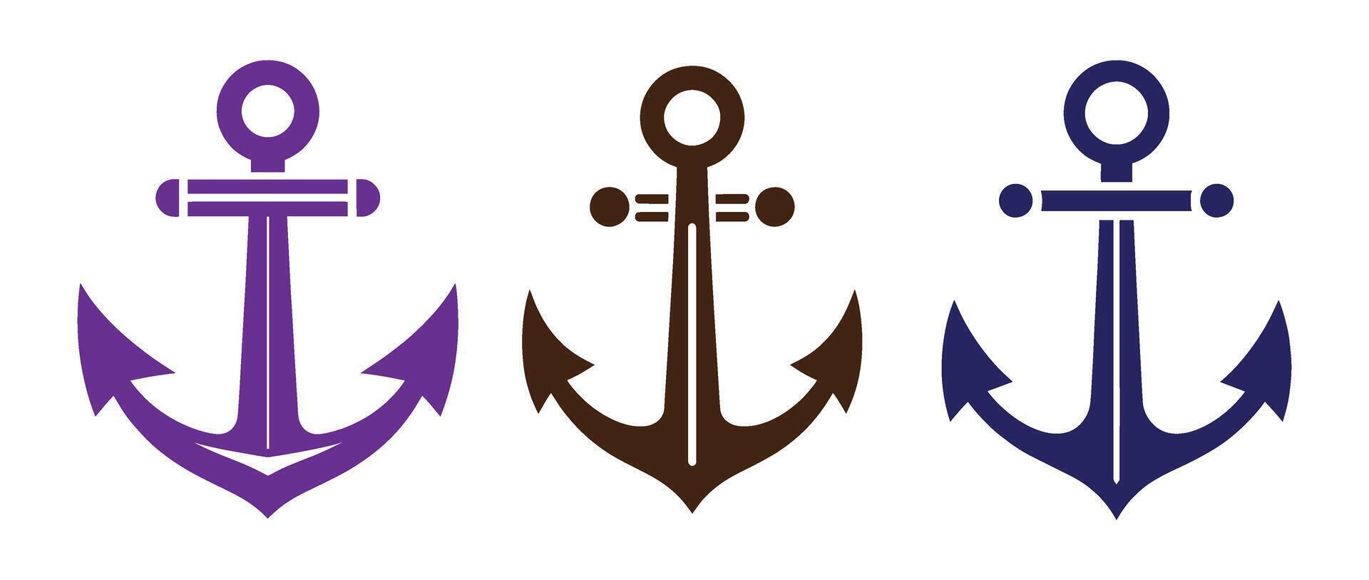 Stylized Anchor Icon Set in Blue Purple and Brown Color Scheme Ideal for Nautical Decor Marine Graphics and Creative Design Themes vector
