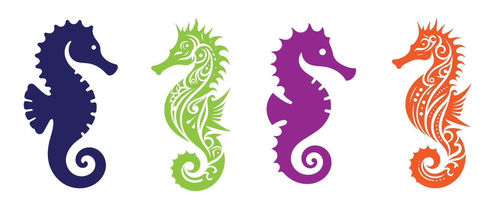 Colorful Stylized Seahorses in Blue Green Purple and Orange for Aquatic Life Themes Nautical Decor and Creative Animal Illustrations vector