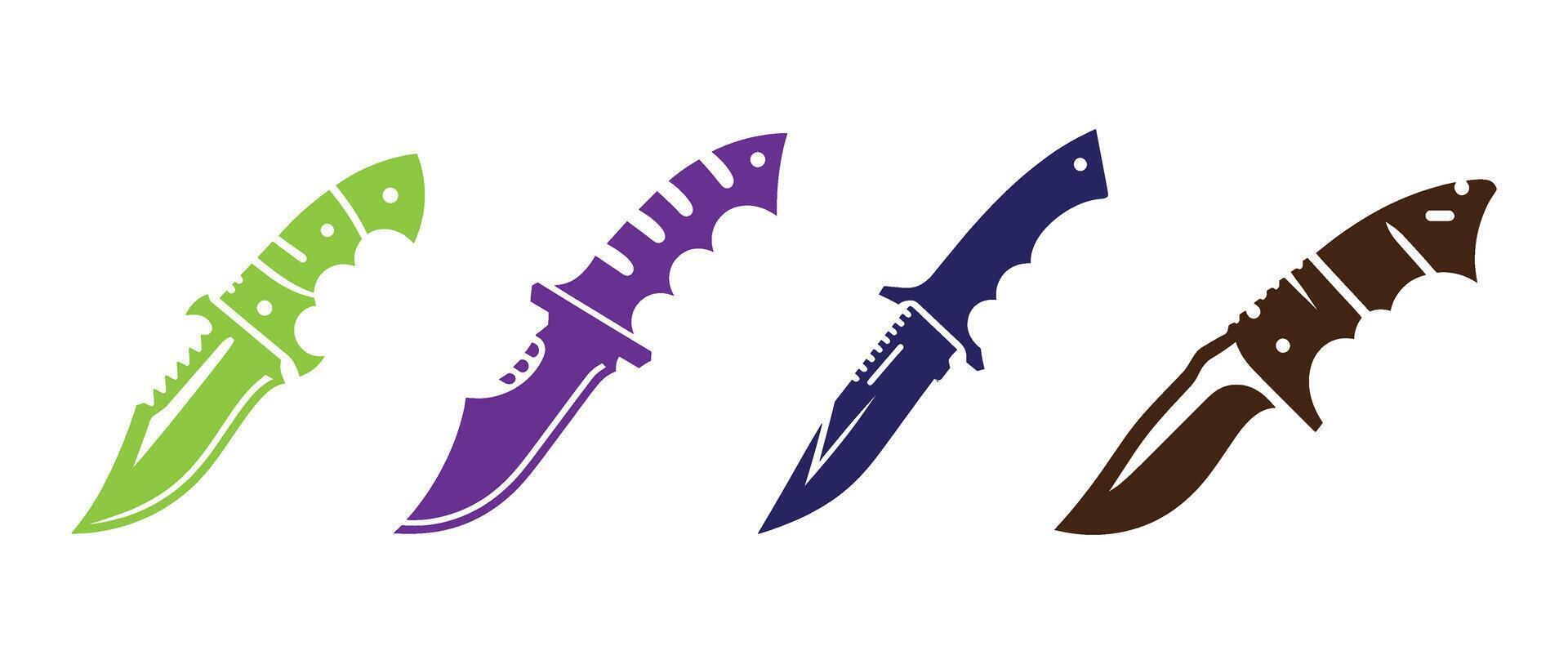 Stylized Colorful Knife Icons in Blue Green Purple and Brown Featuring Unique Blade Shapes for Creative Design and UI Themes vector