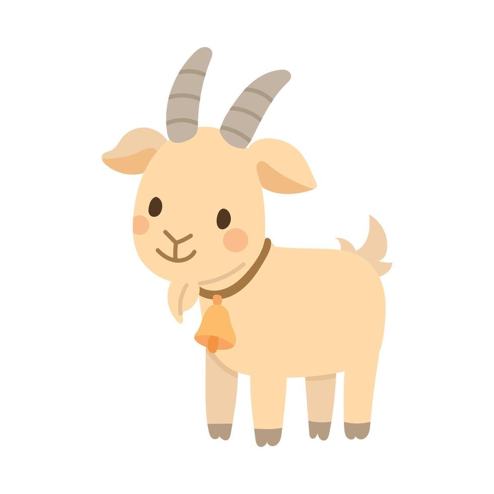 Charming beige goat cartoon with curved horns, tiny beard, and orange bell collar. Ideal for farm scenes and rustic animal artwork vector