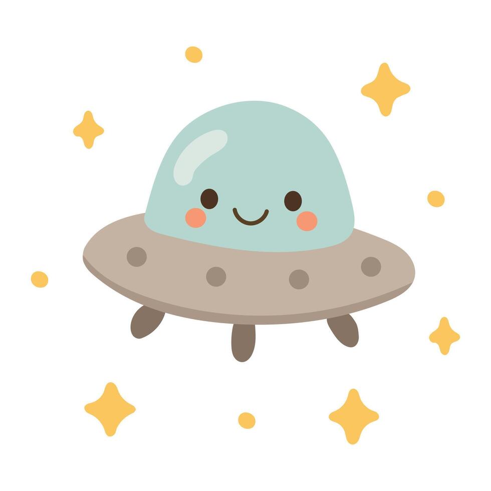 Playful gray UFO cartoon with blue dome and floating yellow stars. Fun sci-fi graphic perfect for alien themes and space designs vector