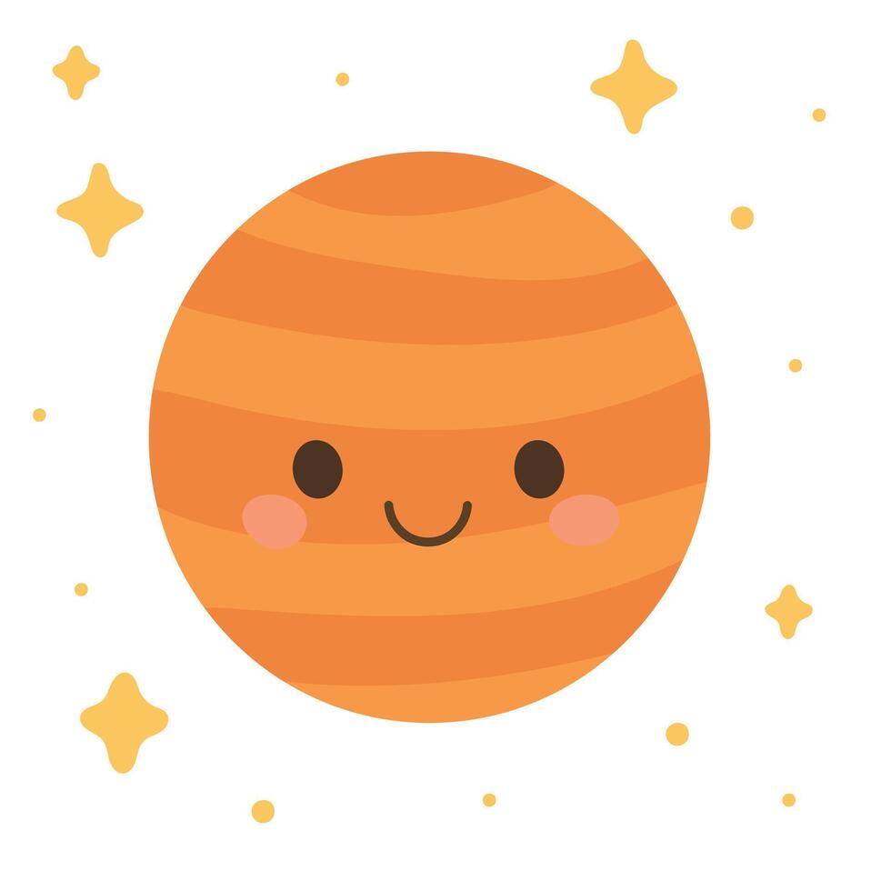 Smiling red Mars with crater details and orbiting glow, great for science classroom posters, fun space infographics, or astronomy-themed kids activities vector