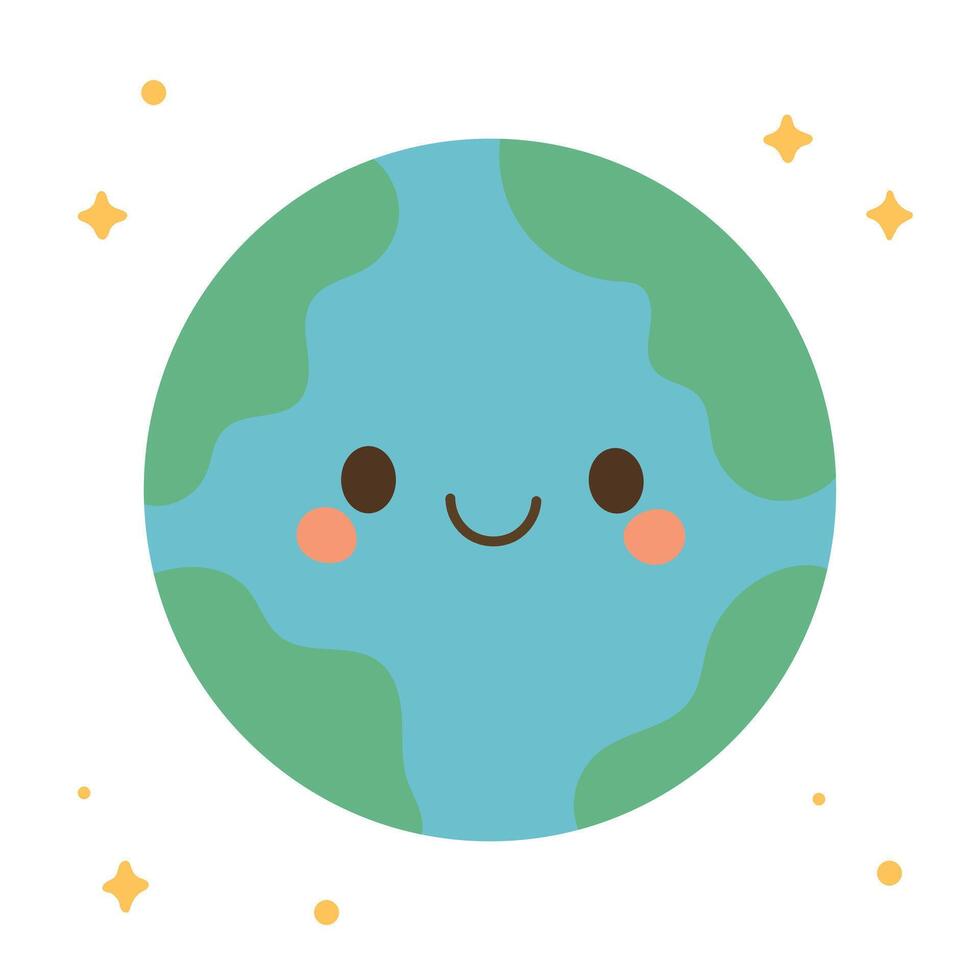 Friendly Earth with green continents and blue oceans, designed for environmental education, global awareness campaigns, or cute planet Earth merchandise vector