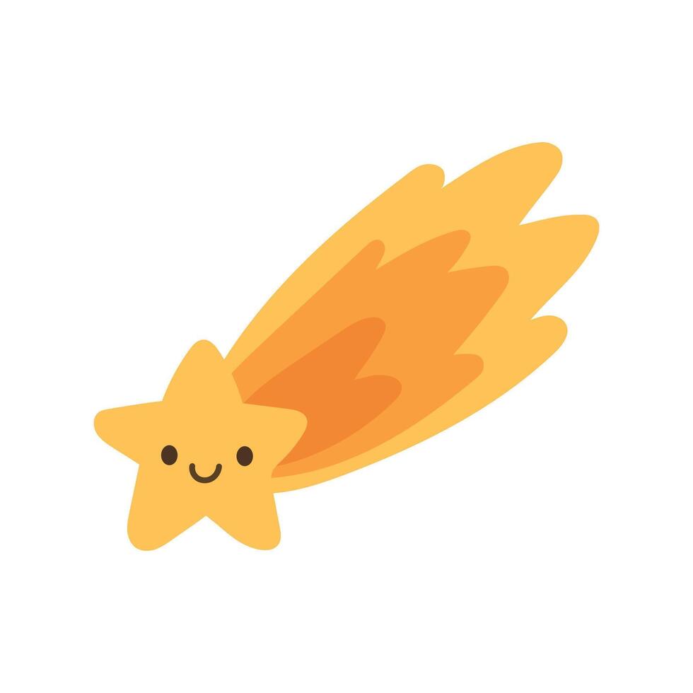 Smiling yellow shooting star with fiery orange trail and glowing design. Fun celestial element for night sky themes and kids illustrations vector