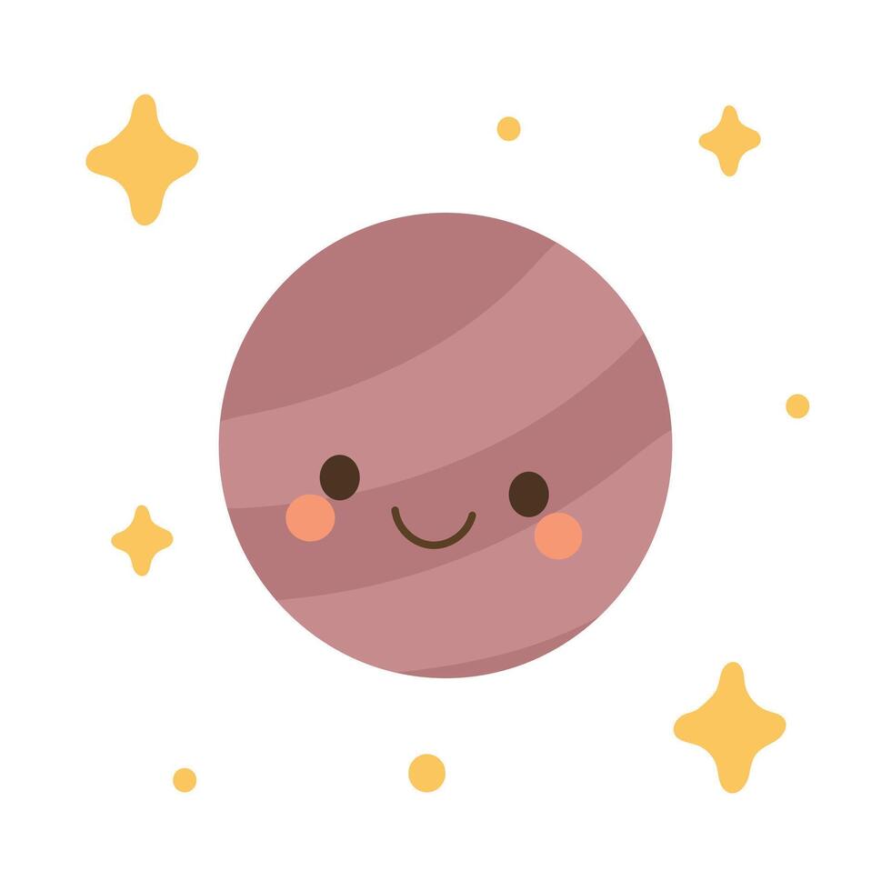 Smiling brown planet cartoon with soft swirls and dotted space background. Perfect for solar system themes, cosmic art, and educational designs vector