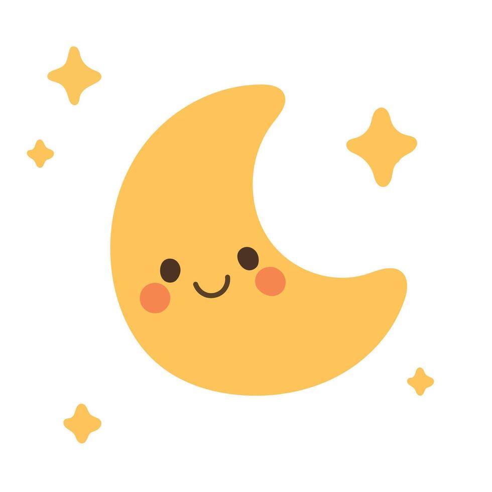 Charming crescent moon with a smiling face and glowing stars, perfect for bedtime stories, sleep-themed nursery art, or lunar night sky illustrations vector