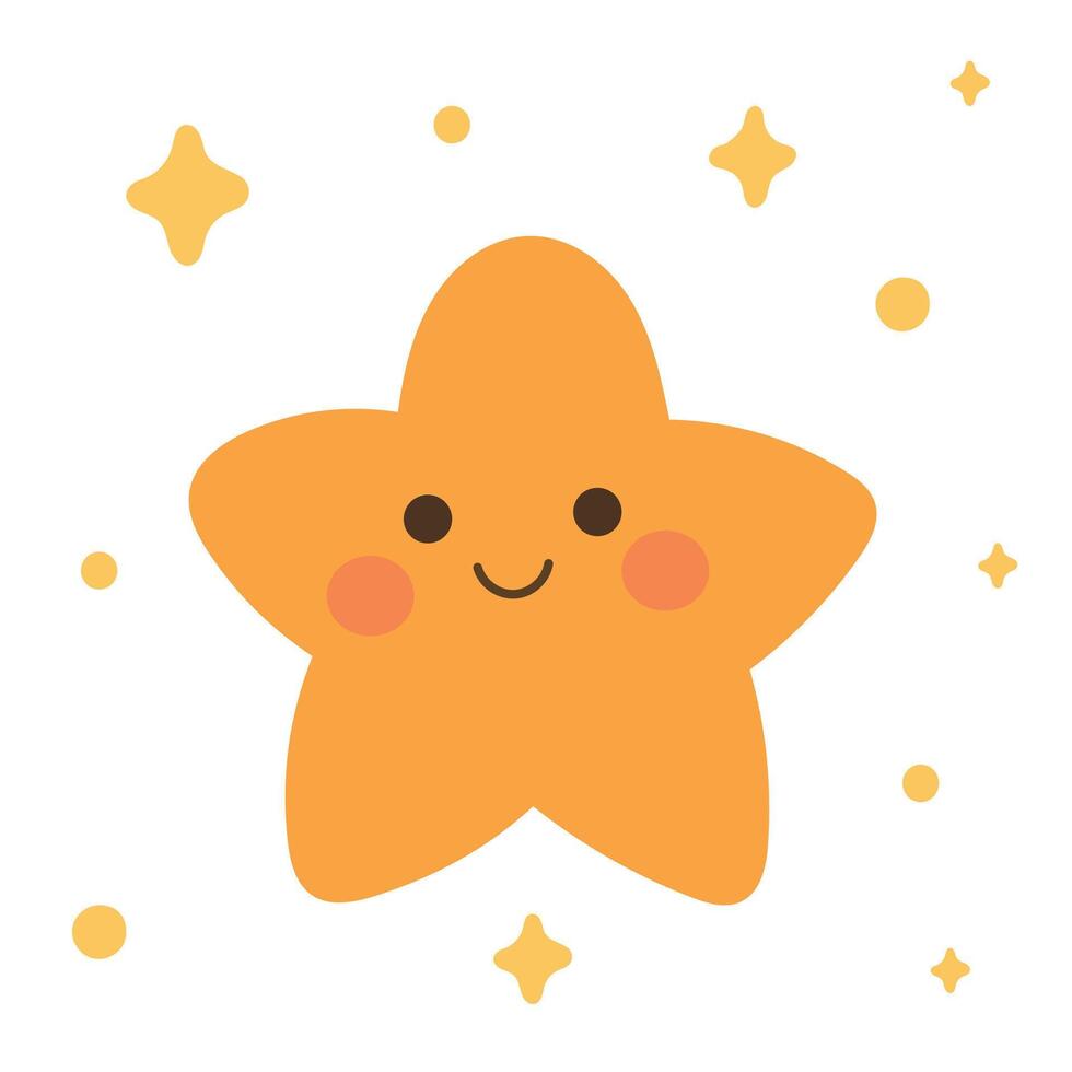 Happy orange star cartoon glowing among sparkles in a pastel sky. Ideal for bedtime graphics, astronomy projects, and children room prints vector