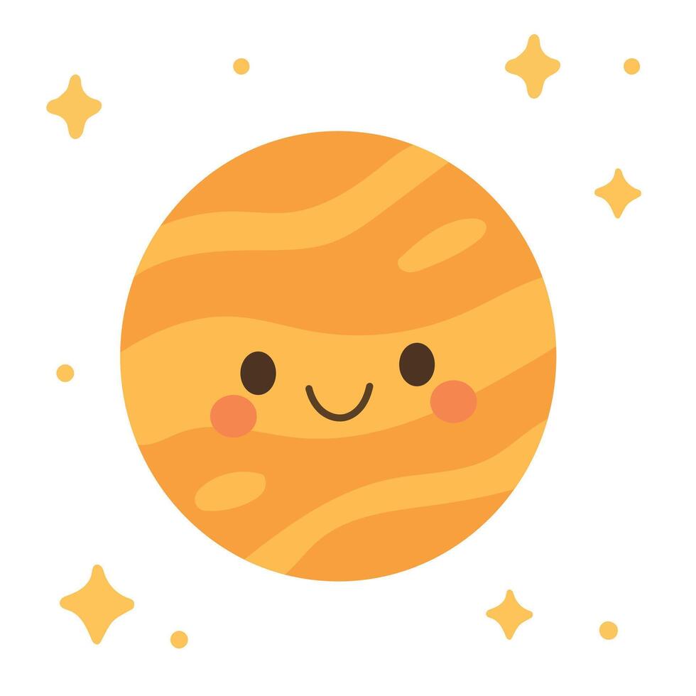 Bright orange Jupiter with striped texture and a happy face, great for science education tools, planetary graphics, or solar system decor for children vector