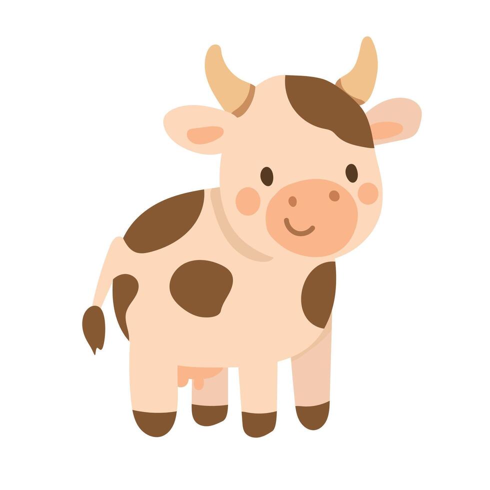 Cute cartoon cow with brown spots and horns stands smiling on a white background, perfect for farm animal illustrations, kids books, or dairy-themed graphics vector