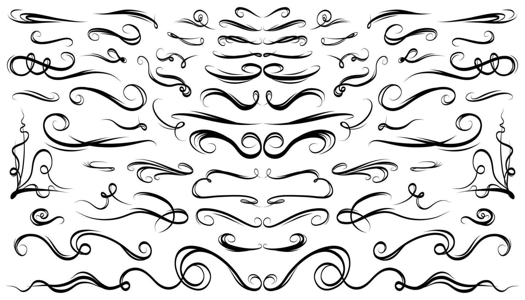 Calligraphy decorative swirl set. Elegant retro curves, pen strokes, vintage ornaments and monogram dividers. Filigree lines for wedding cards, invitations. isolated elements. vector