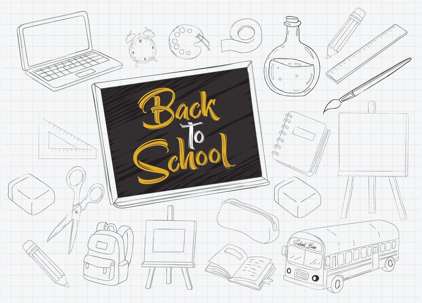 Back to School Chalkboard Surrounded by School Supplies and Technology in Sketch Style Illustration vector