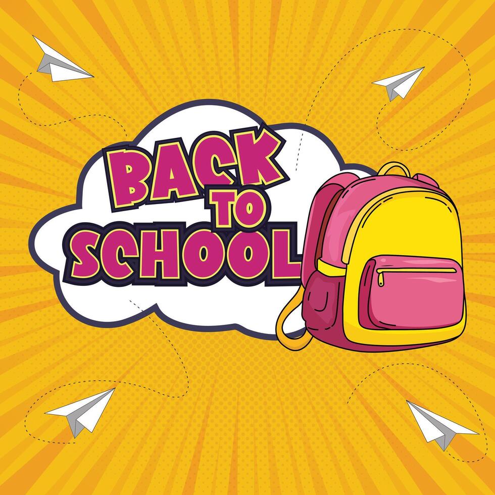 Fun Back to School Illustration with a Pink Backpack, Paper Airplanes, and Yellow Background vector