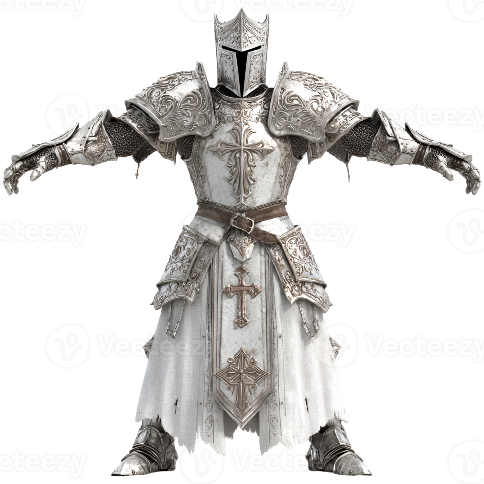 Ornate silver knight armor full body view detailed design white robe cross symbols medieval fantasy warrior png