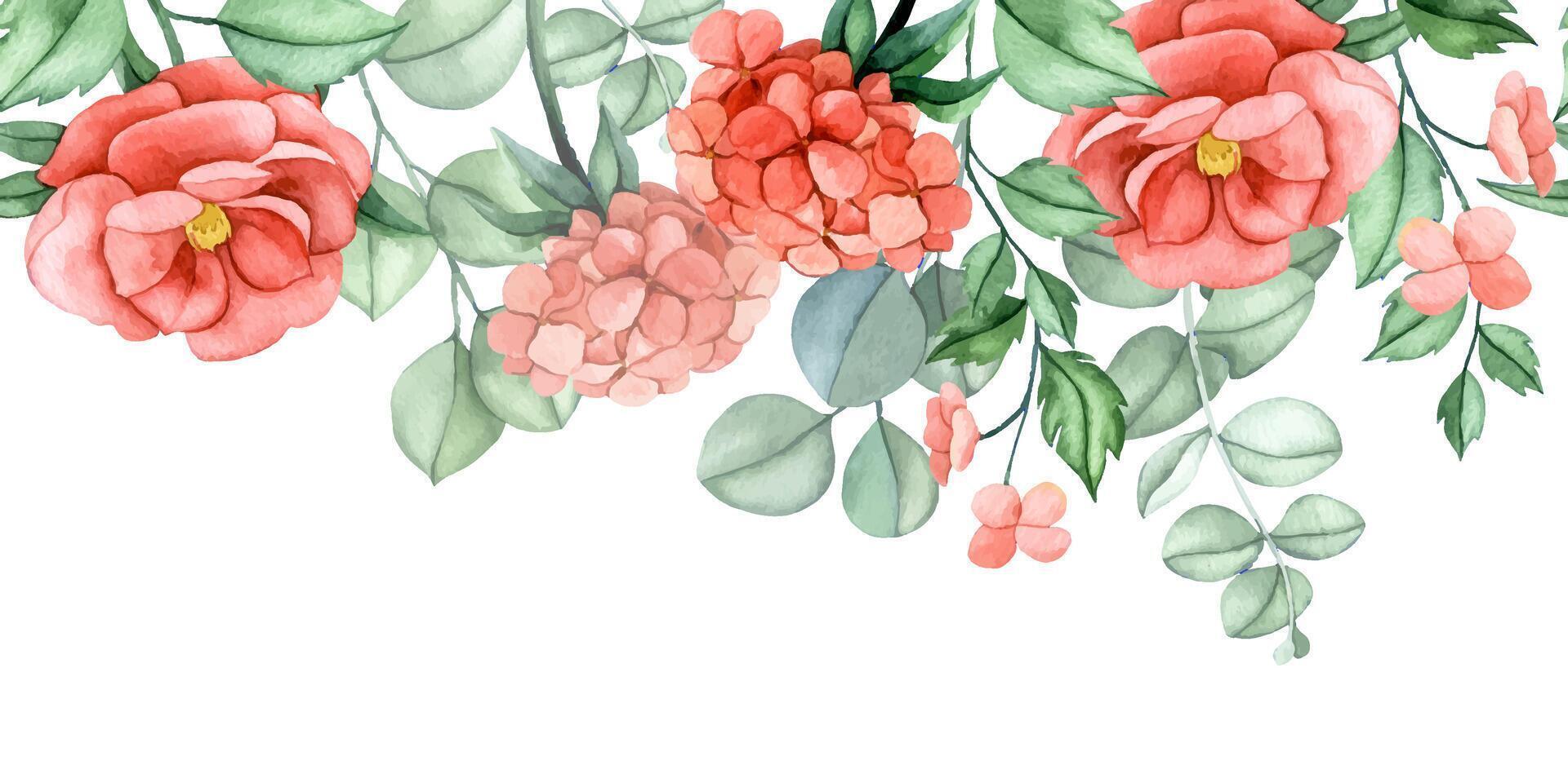seamless border with pink hydrangea and peony flowers and eucalyptus leaves. elegant watercolor composition vector