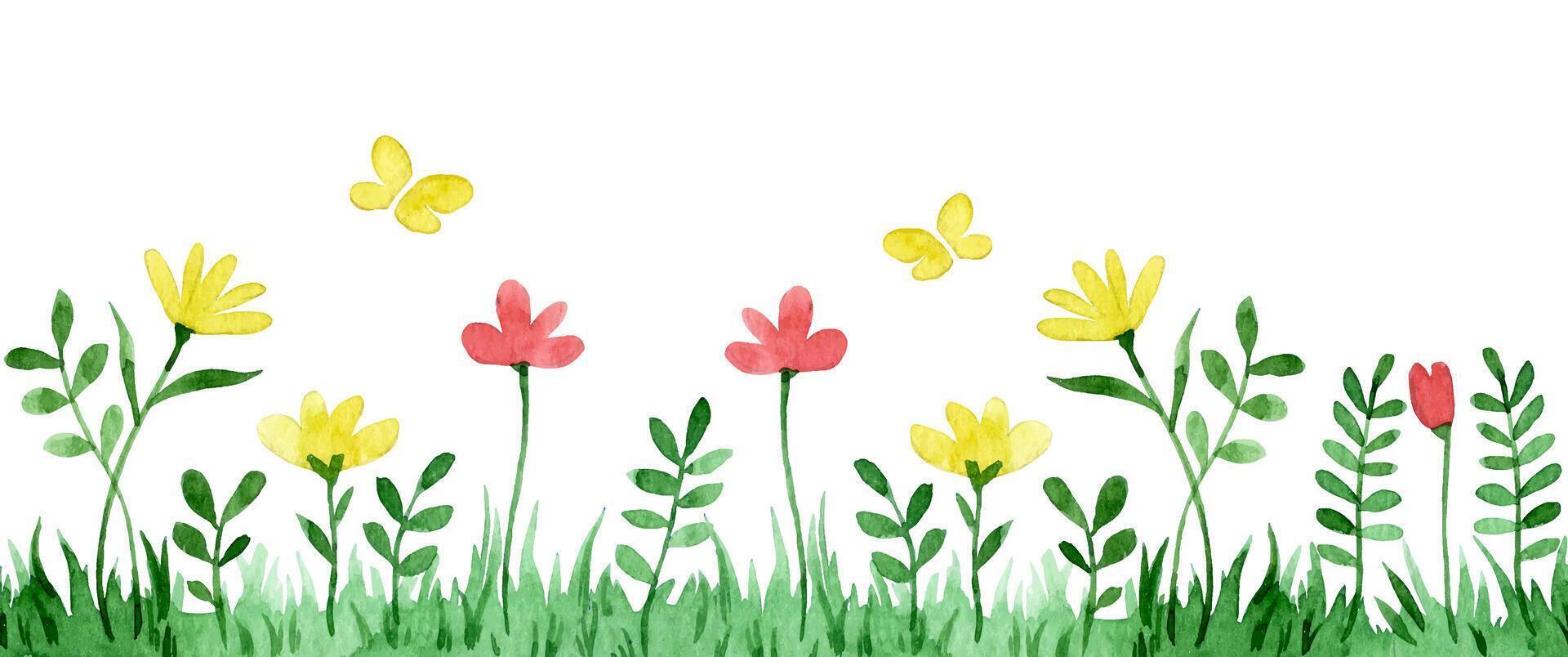 seamless border, meadow with flowers and butterflies. watercolor illustration vector