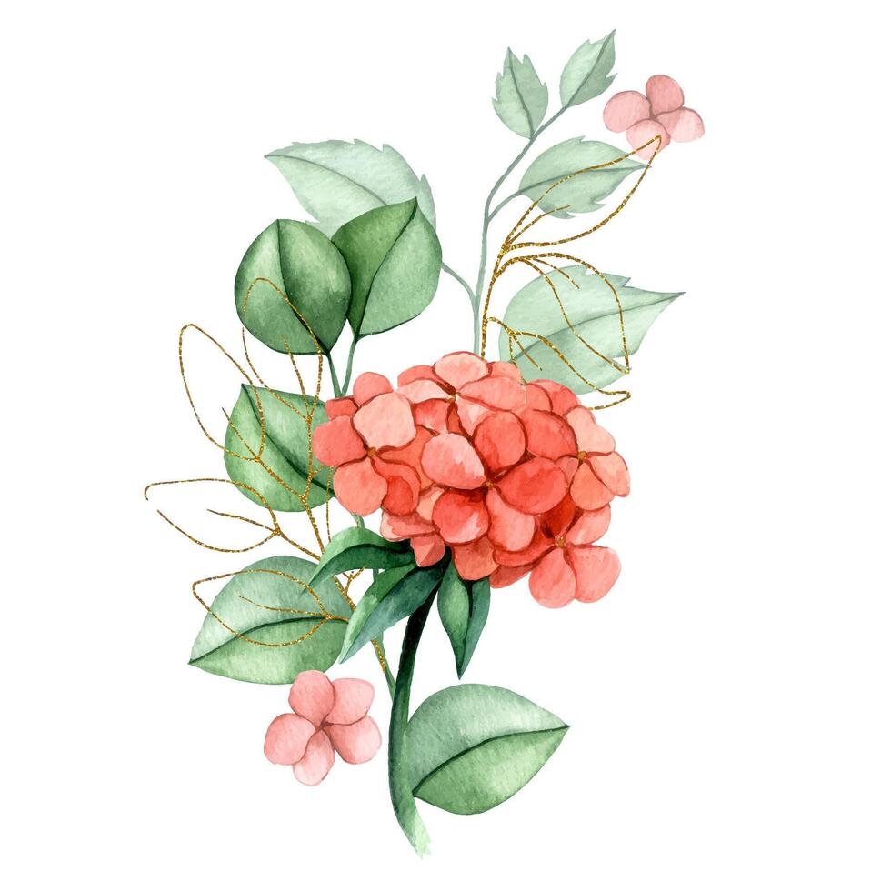 Bouquet of pink hydrangea flowers and eucalyptus leaves with golden elements. Watercolor vector