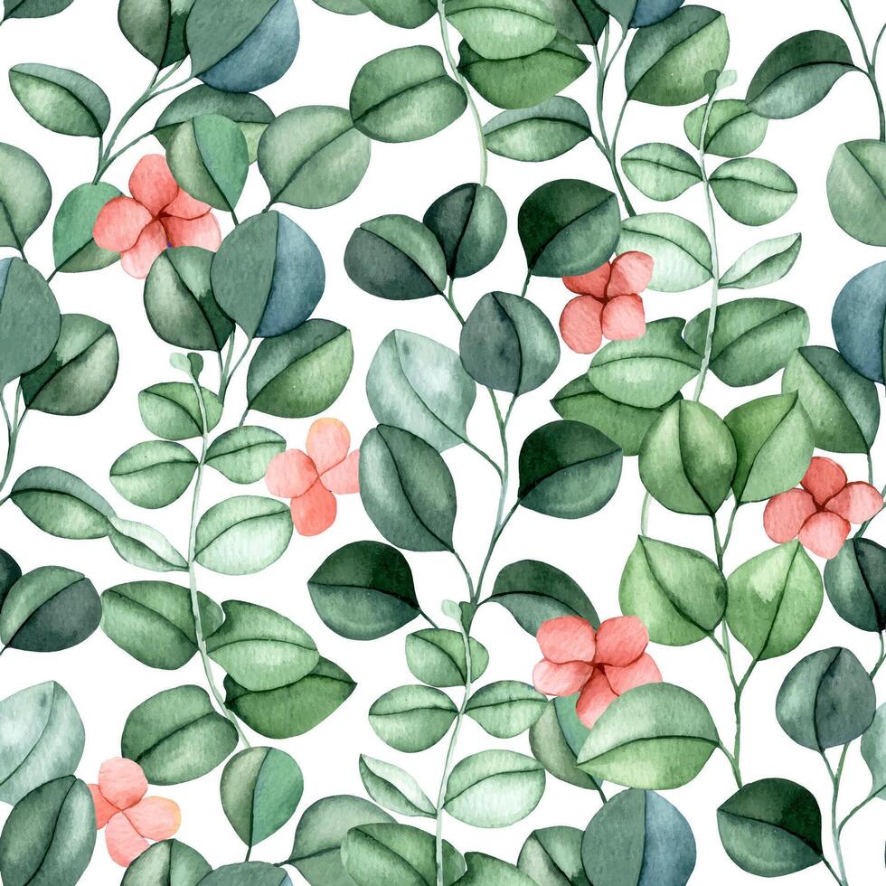 seamless pattern of pink hydrangea flowers and eucalyptus leaves. watercolor print delicate illustration vector