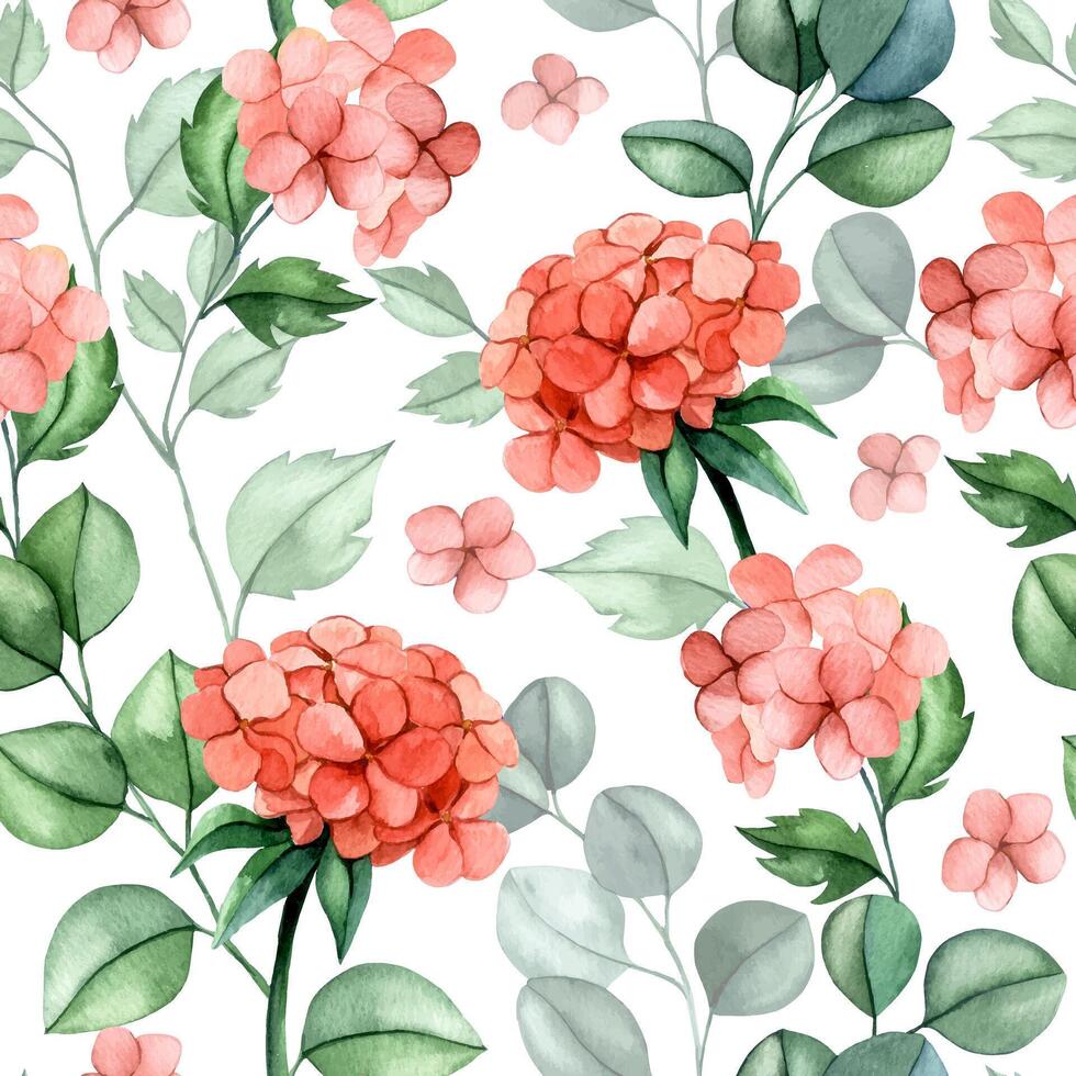 seamless pattern of pink hydrangea flowers and eucalyptus leaves. watercolor print delicate illustration. vector