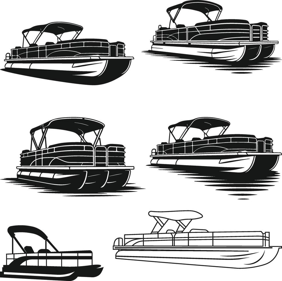 Pontoon Boats Set Silhouette vector