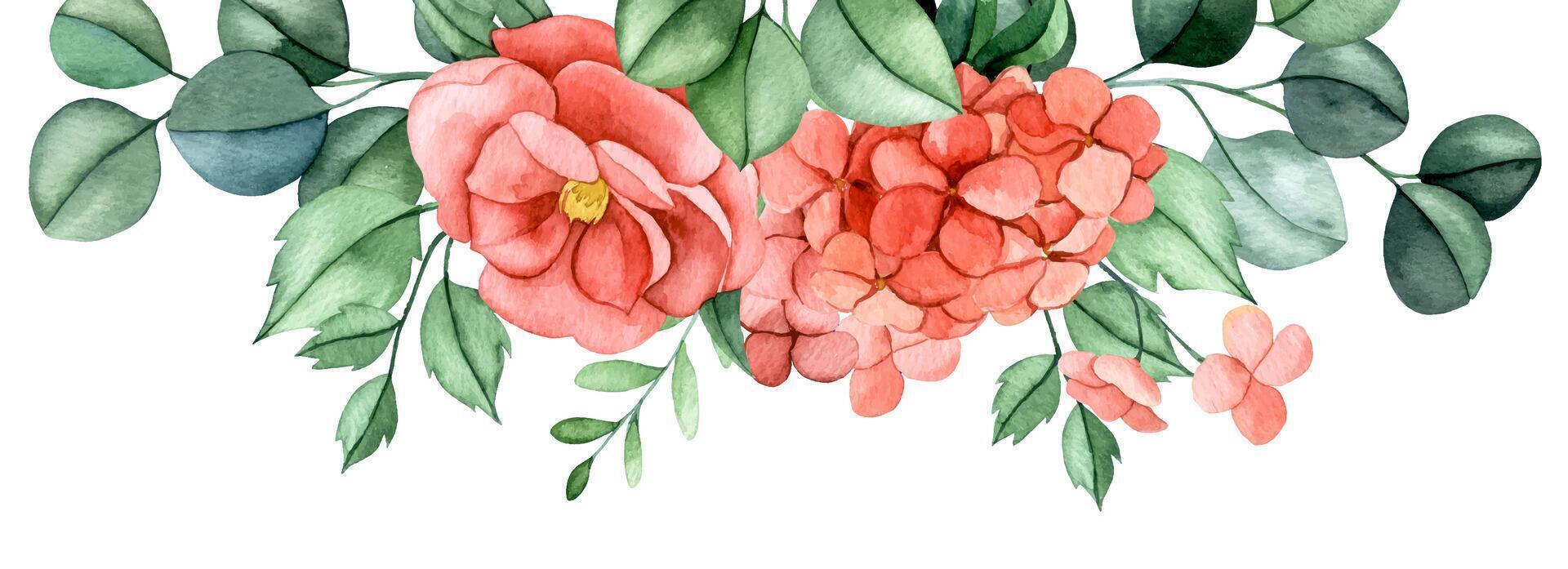 horizontal frame of pink flowers and eucalyptus leaves. watercolor illustration border flowers peony, hydrangea vector