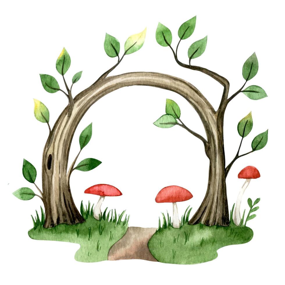 fairytale forest, watercolor frame of trees cartoon illustration. vector