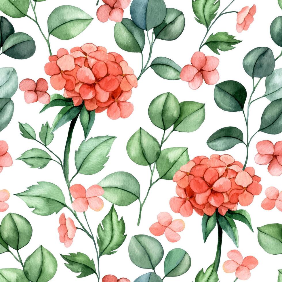 seamless pattern of pink hydrangea flowers and eucalyptus leaves. watercolor print delicate vector