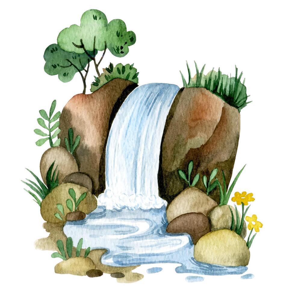 watercolor illustration of waterfall vector