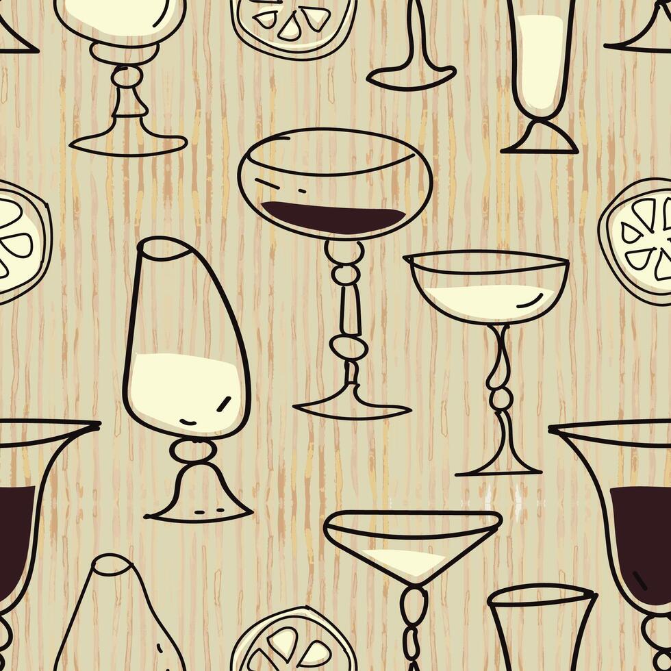 Seamless vertical cocktail drink pattern featuring handdrawn glasses and citrus on beige striped background. Great for digital papers, eco packaging, and bar menus. vector