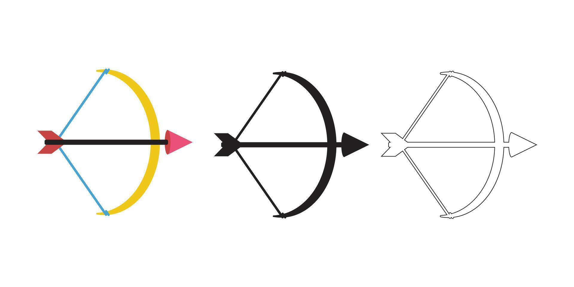 Three stylized representations of a bow and arrow in different artistic styles vector