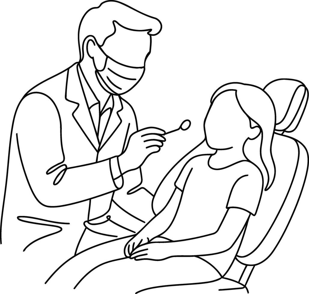 One line drawing of a smiling male dentist examining young girl patient with dental mirror tool vector