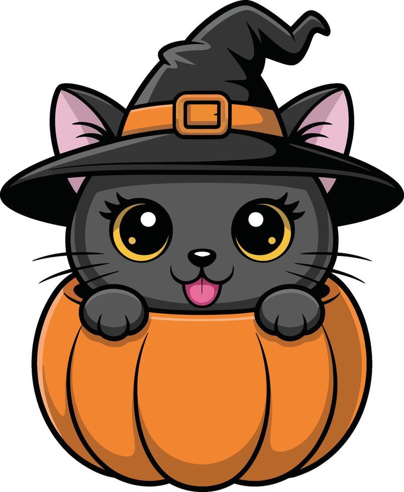 Cute cat in pumpkin with witch hat vector