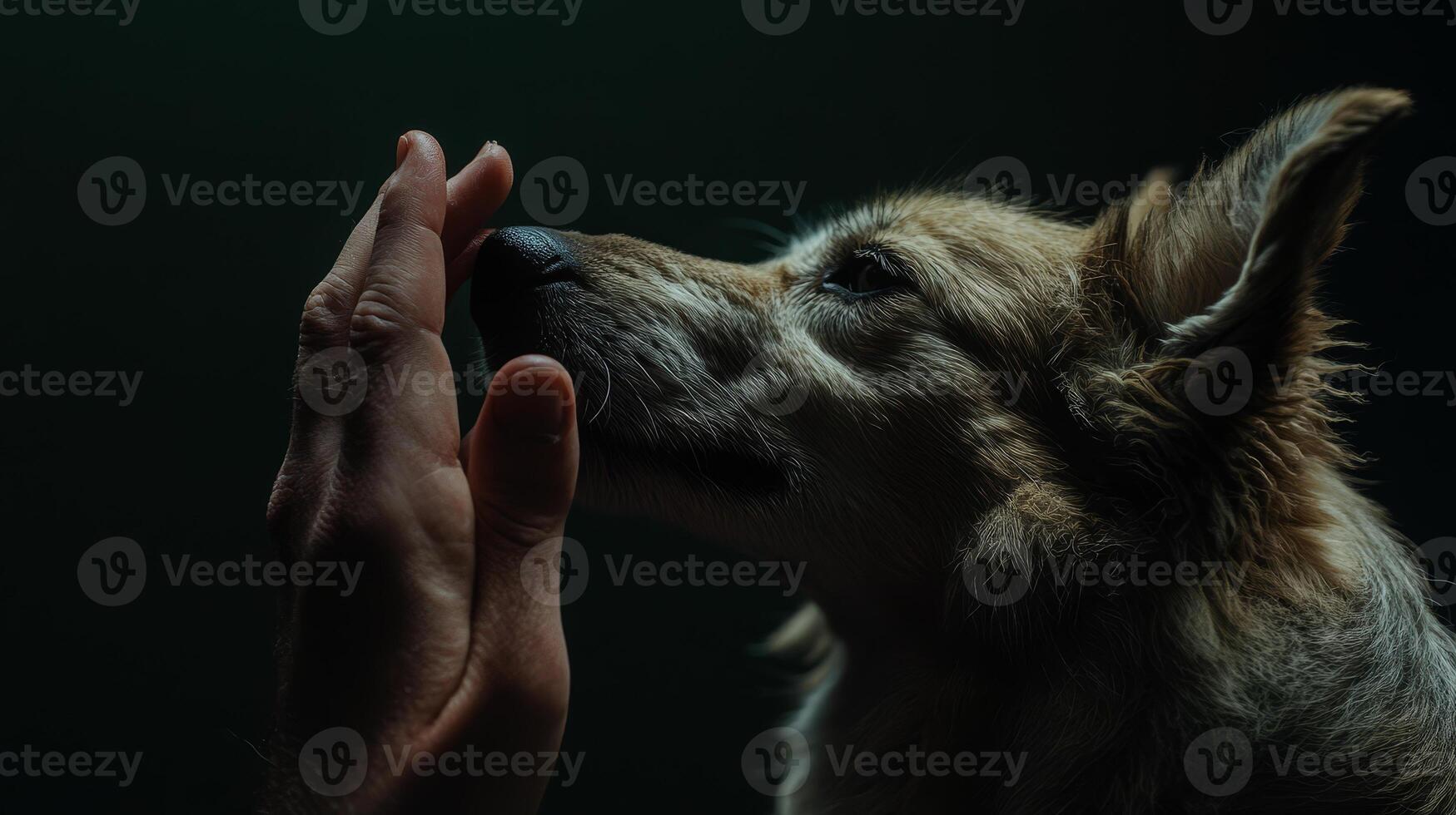 A dog reaches out its paw to touch a man's hand, creating a tender moment of connection in a soft-lit setting photo