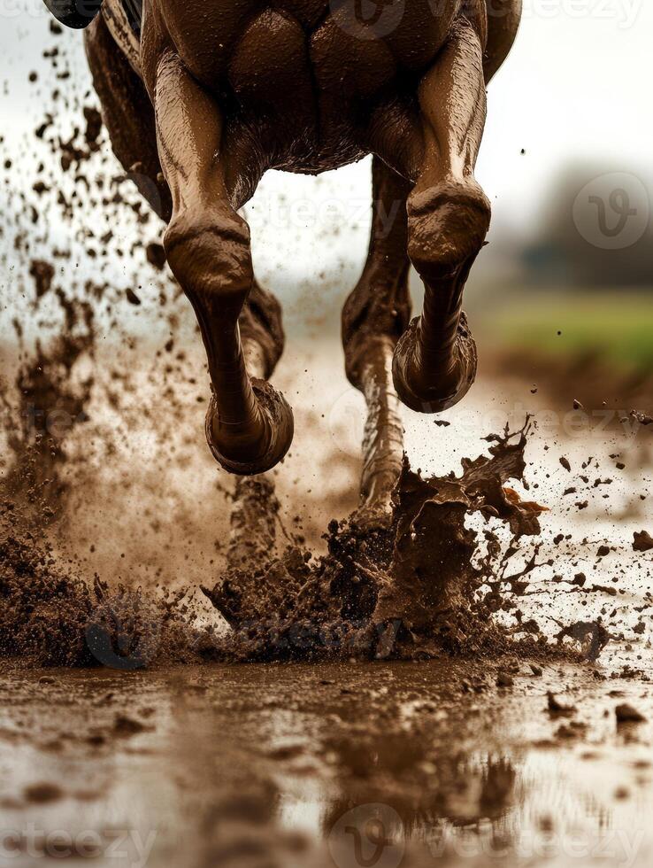 Hooves of a racing horse kick up mud while sprinting on a saturated track during an intense race, showcasing speed and power photo