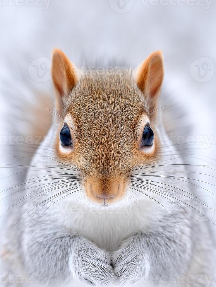 A playful squirrel gazes directly at the camera while standing amidst soft, white snow in a tranquil winter setting, highlighting its keen expression photo